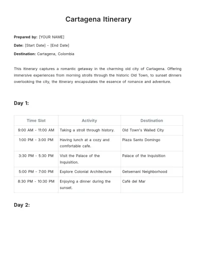 Free Cartagena Itinerary Template to Edit Online
