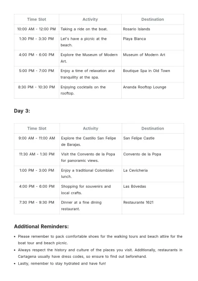 Free Cartagena Itinerary Template to Edit Online