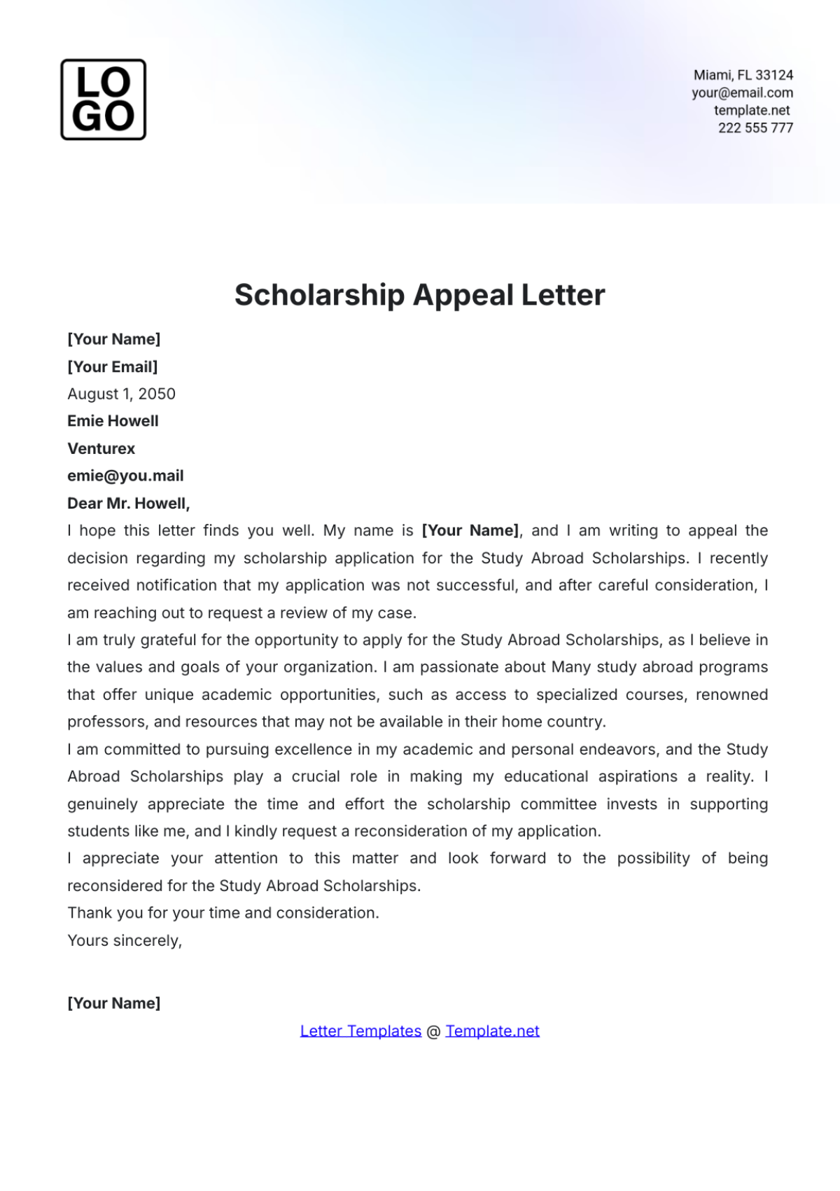 Aesthetic Appeal Letter for Scholarship Template - Edit Online & Download