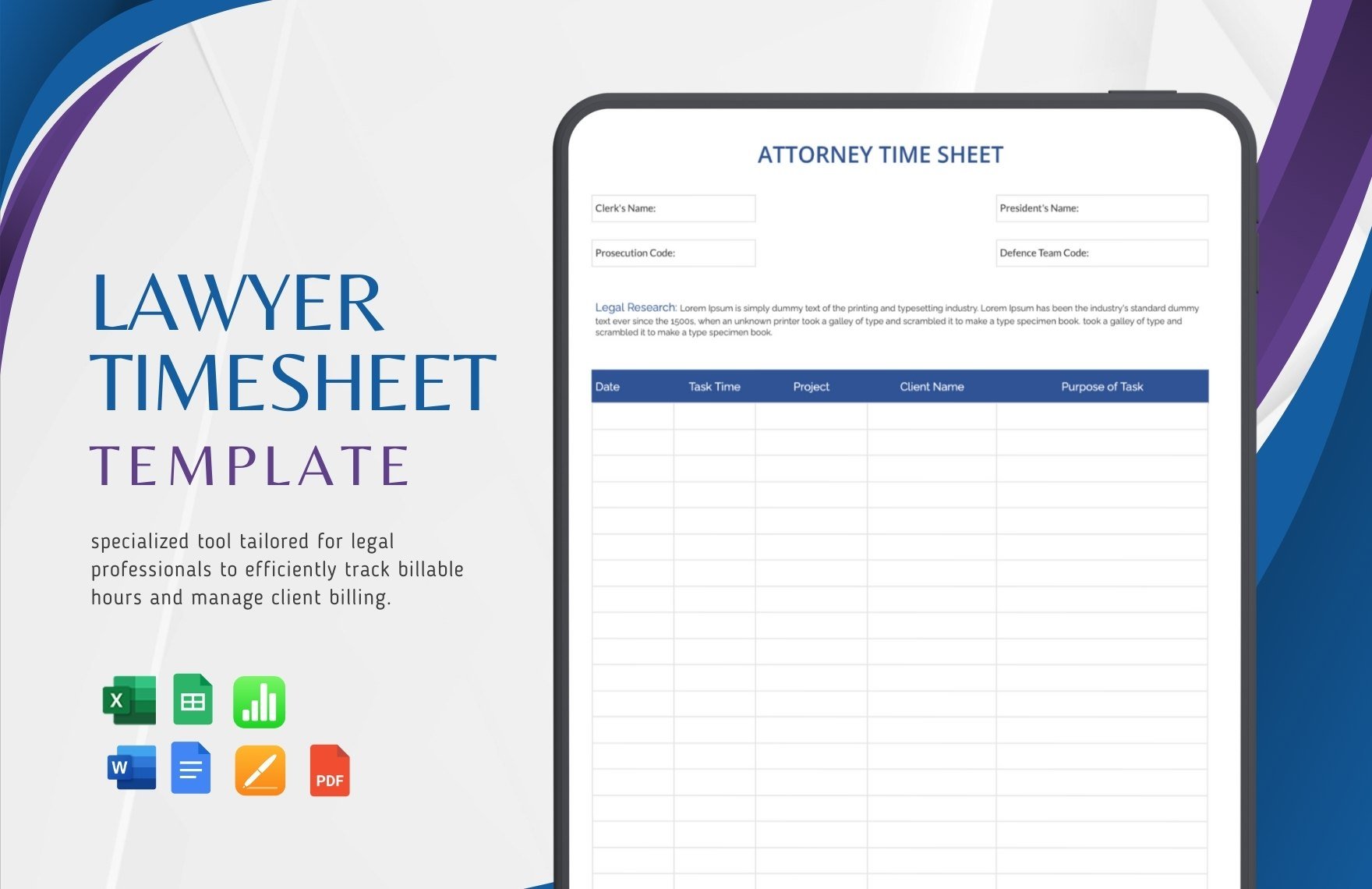Lawyer Timesheet Template in Word, Google Docs, Excel, PDF, Google Sheets, Apple Pages, Apple Numbers