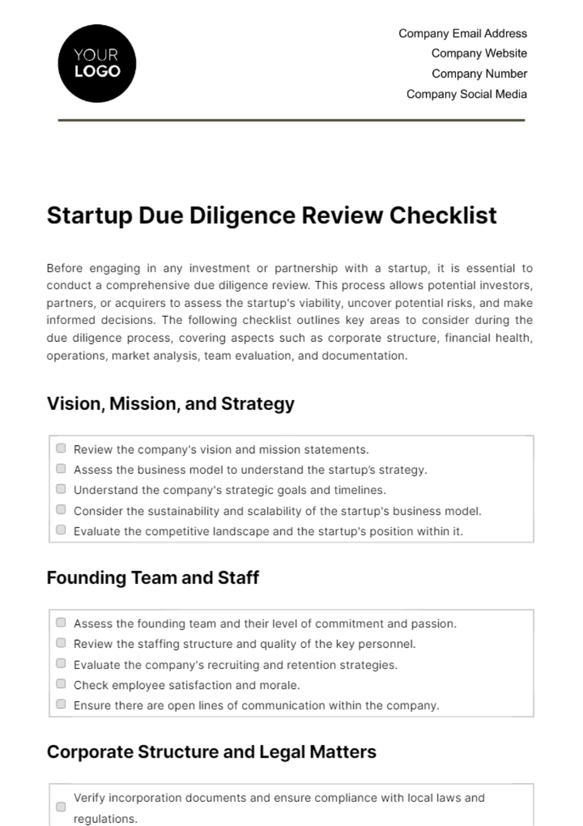 Startup Due Diligence Review Checklist Template