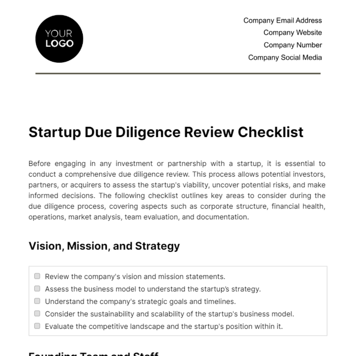 Startup Due Diligence Review Checklist Template