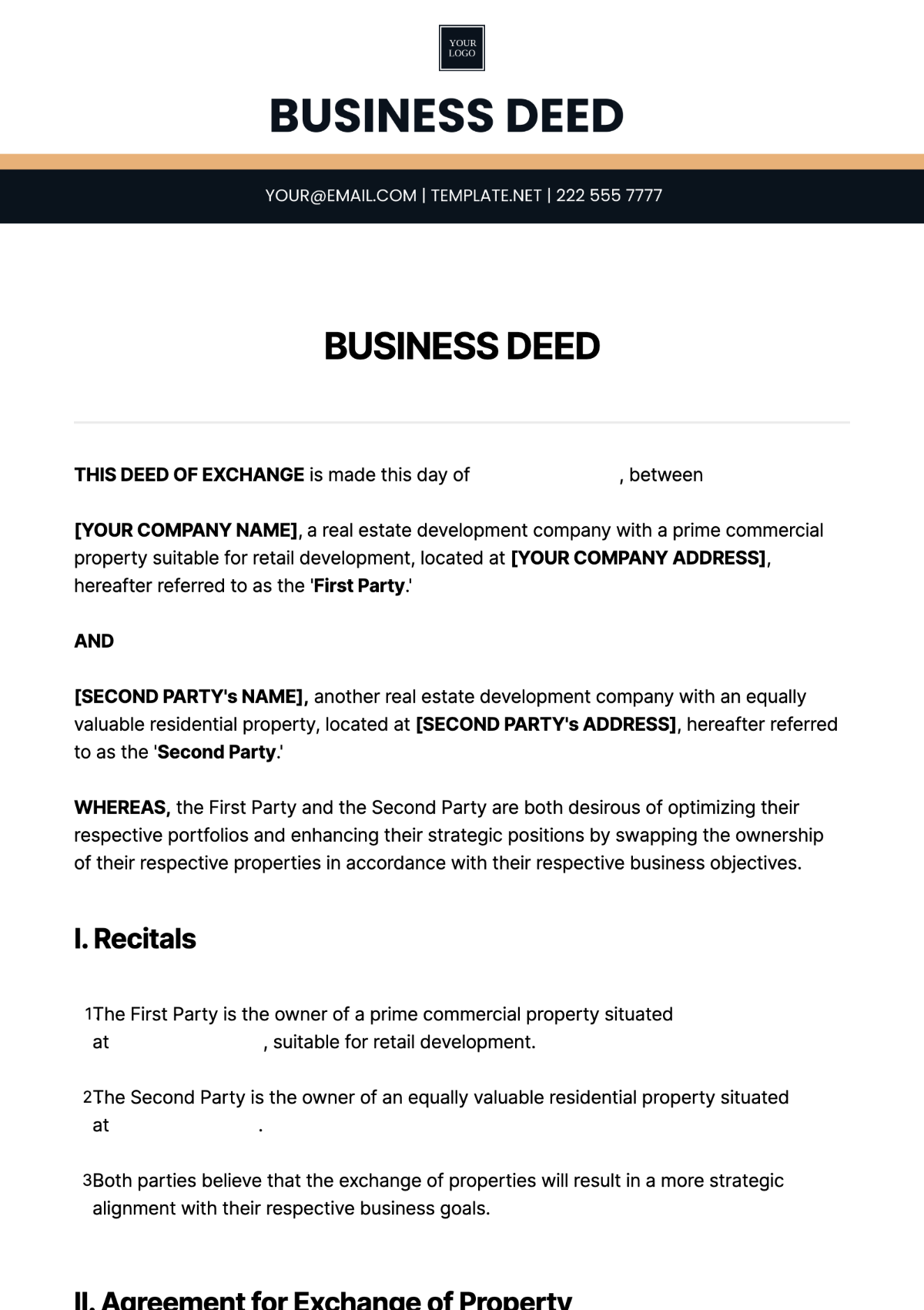 Business Deed Template - Edit Online & Download