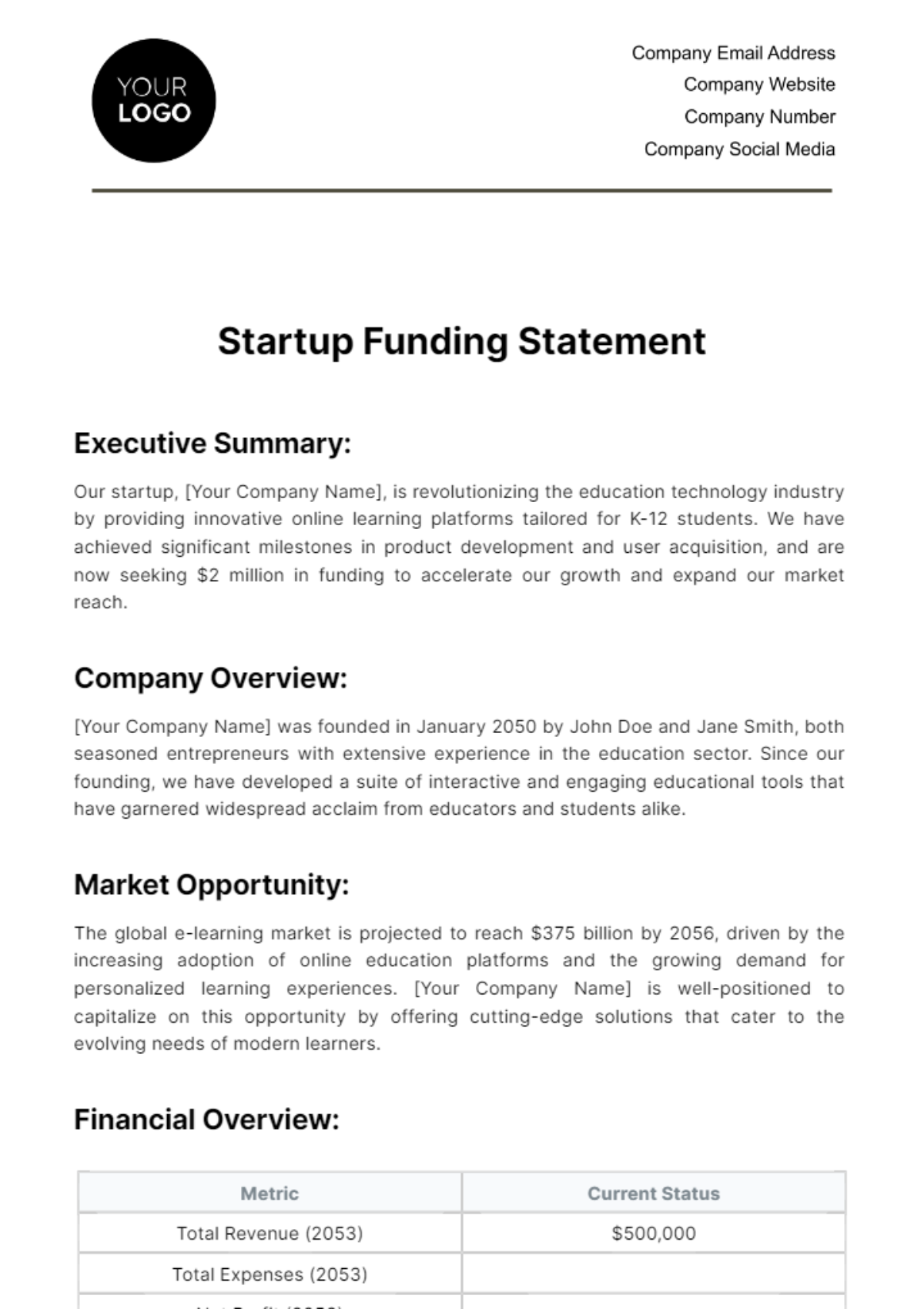 Startup Funding Statement Template