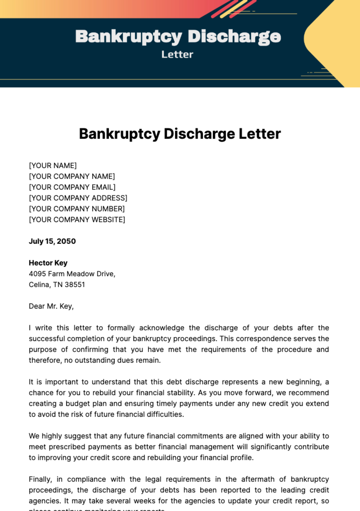 Bankruptcy Discharge Letter Template