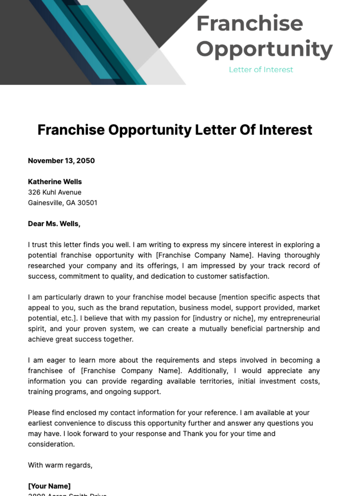 Franchise Opportunity Letter Of Interest Template