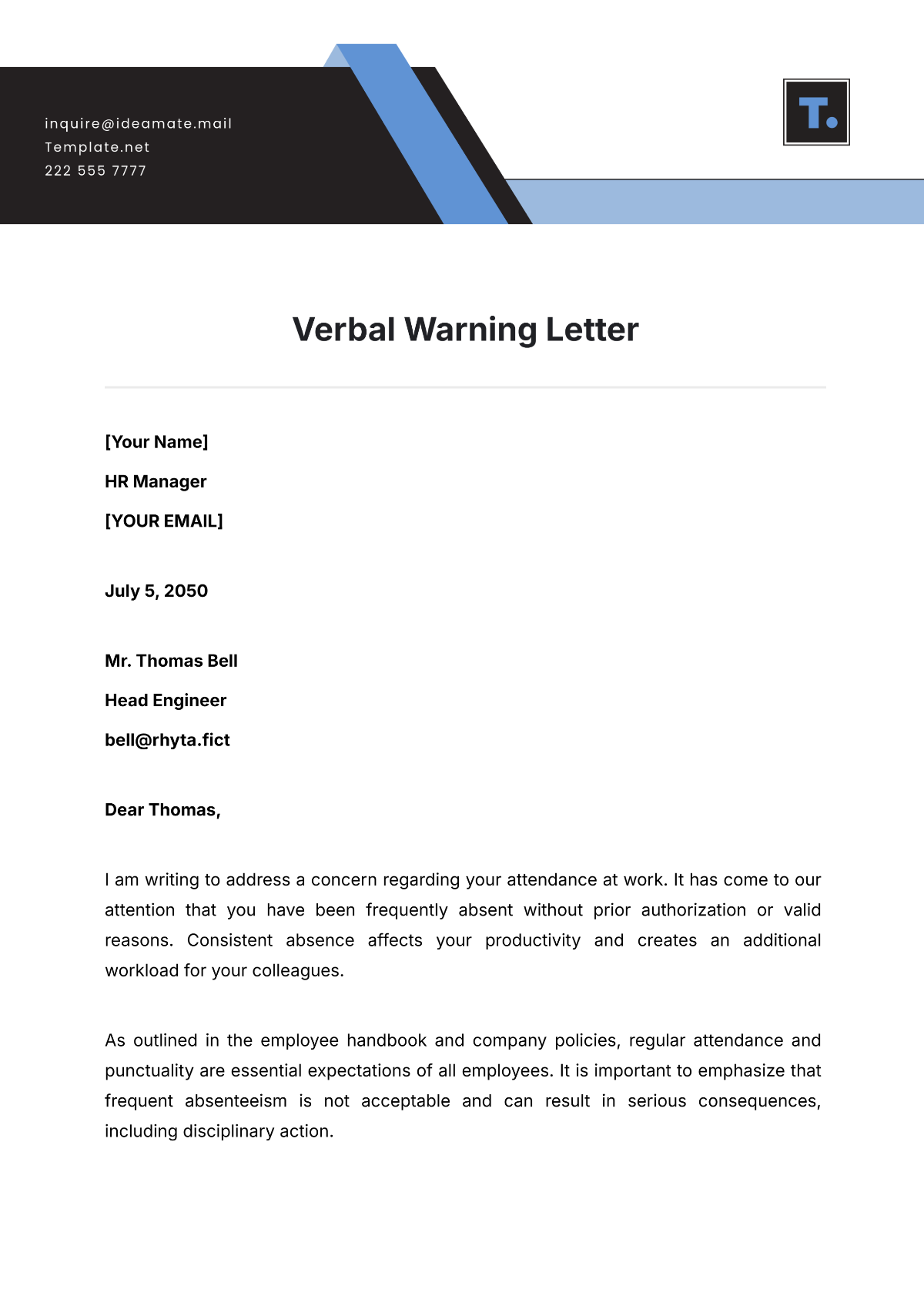 Verbal Warning Letter Template - Edit Online & Download