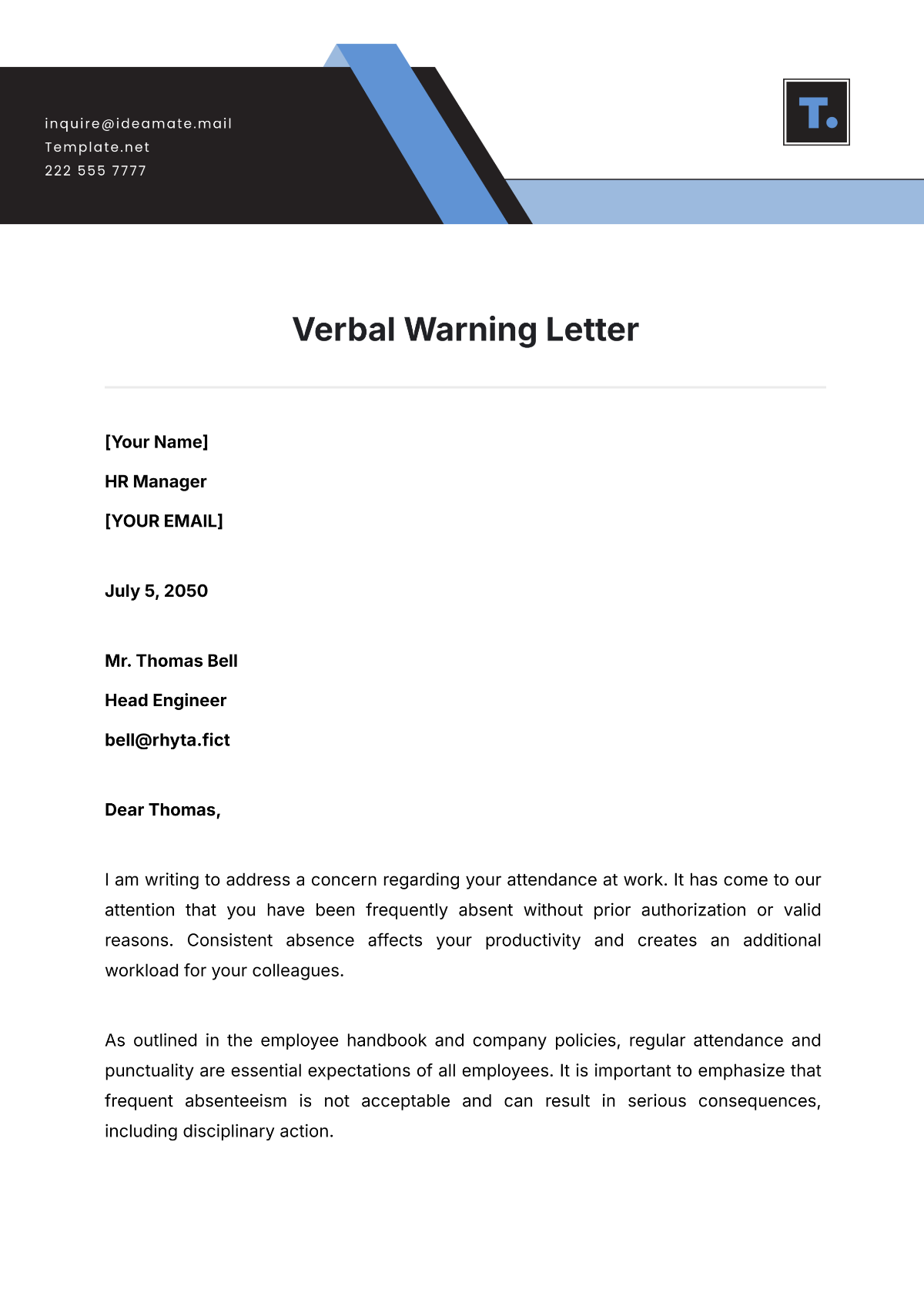 Verbal Warning Letter Template Printable Verbal Warning Letter Template Printable