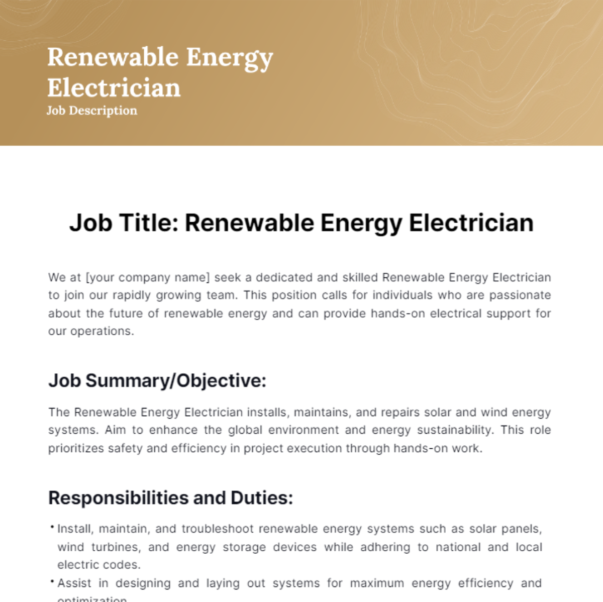 Renewable Energy Electrician Job Description Template