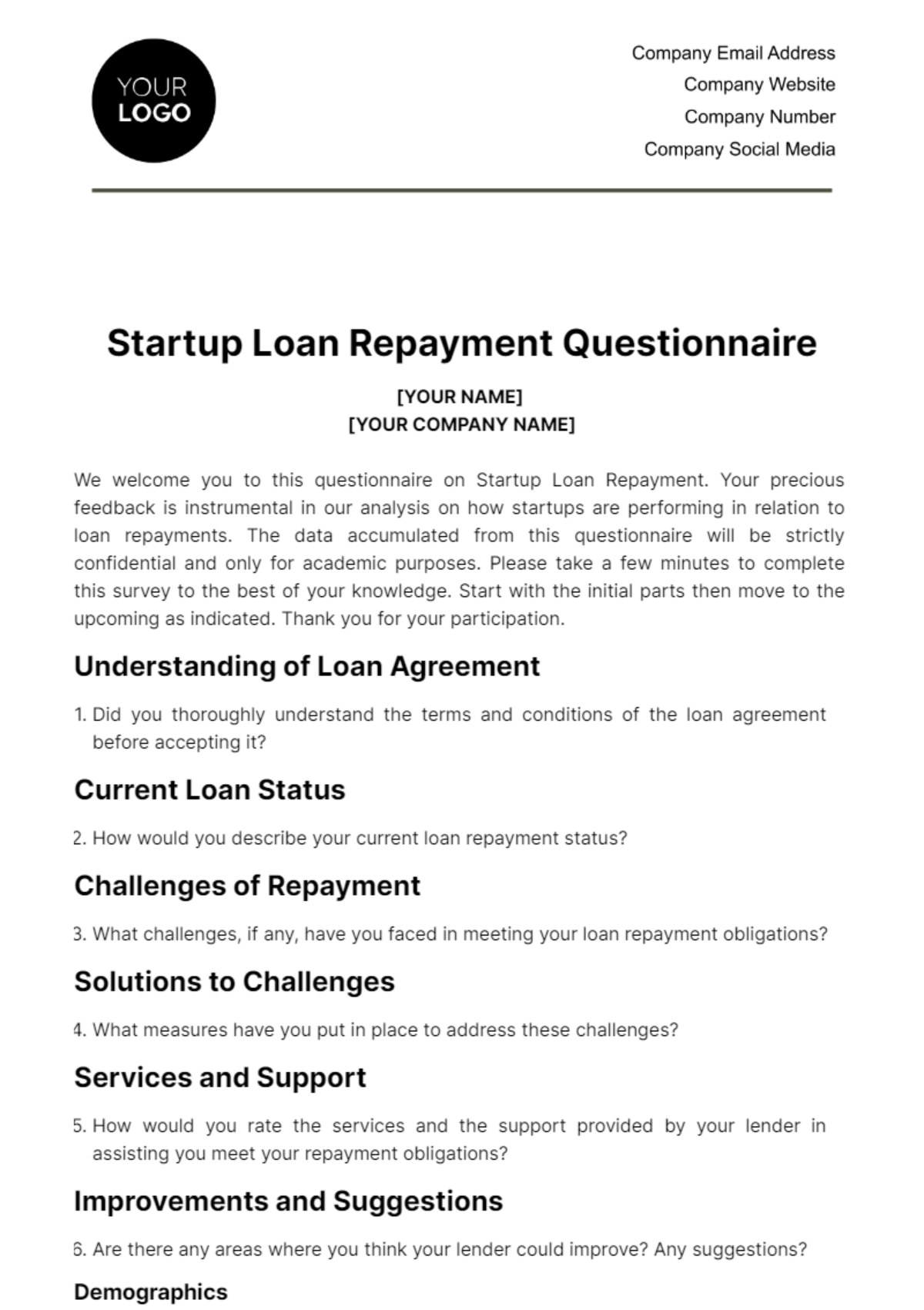 Free Startup Loan Repayment Questionnaire Template