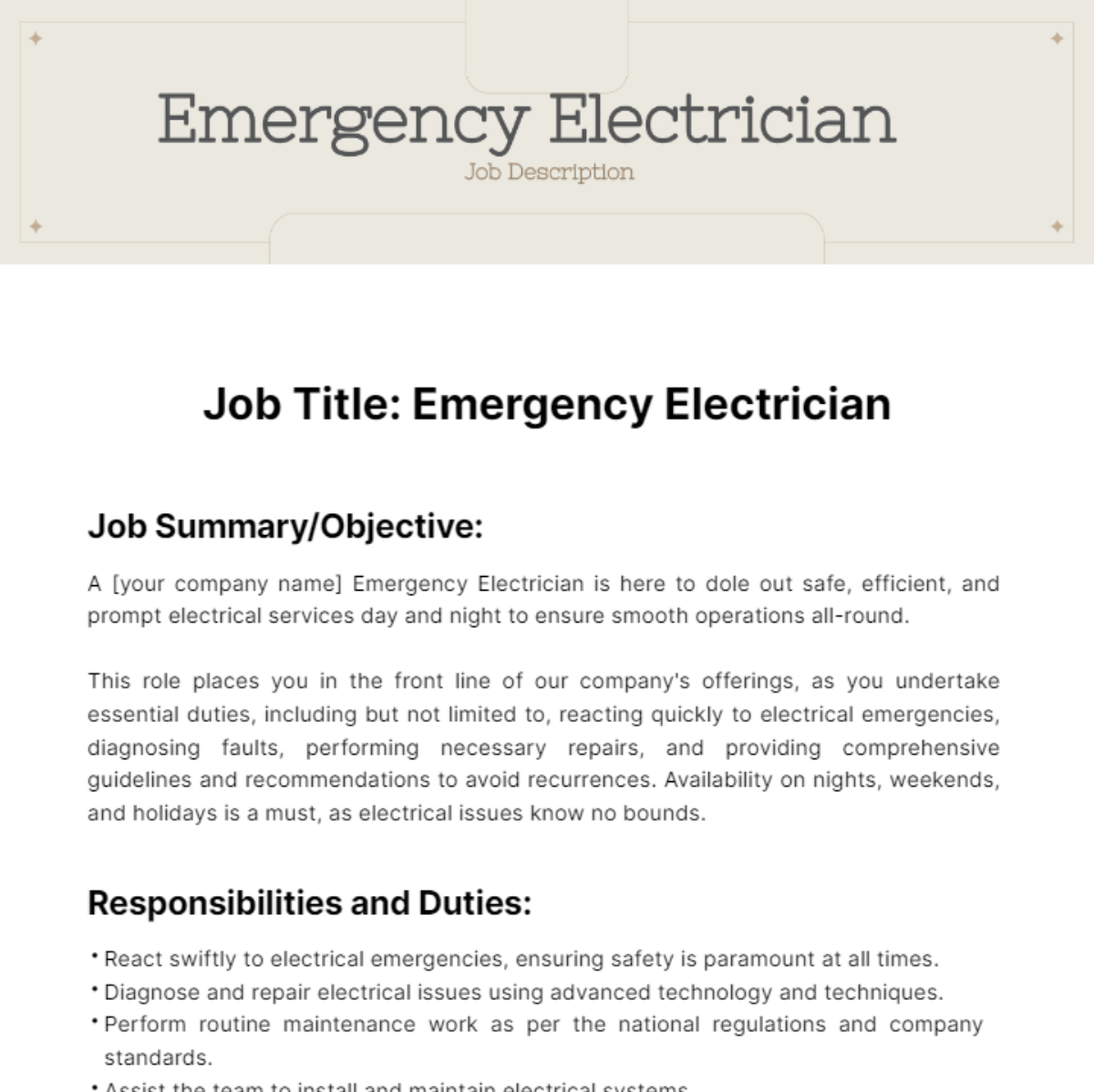 Emergency Electrician Job Description Template