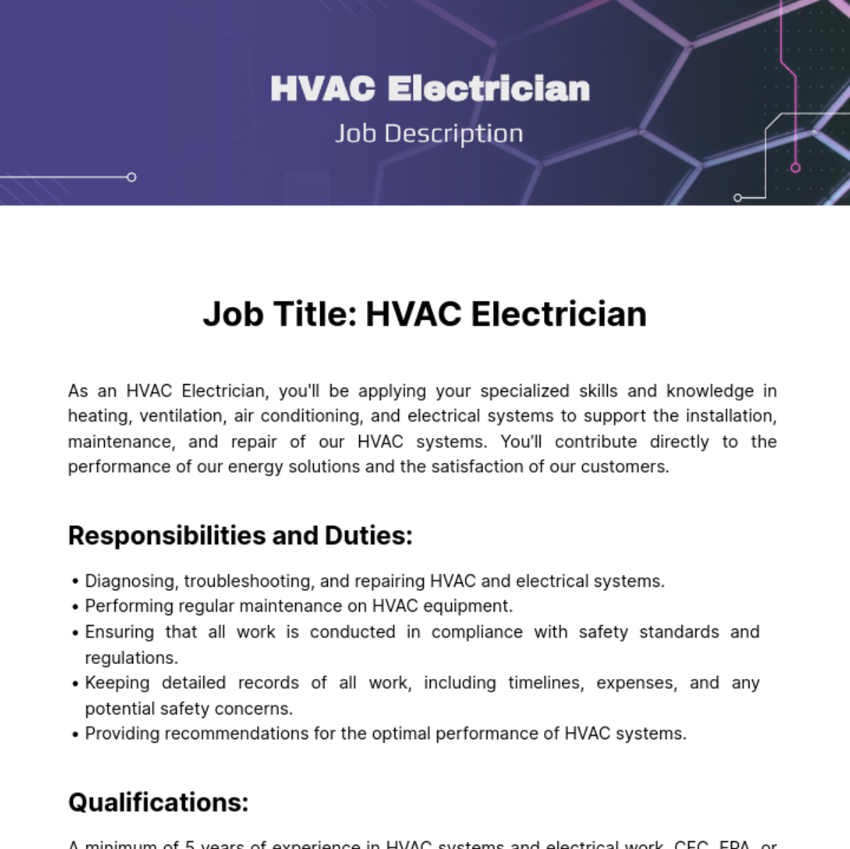 HVAC Electrician Job Description Template