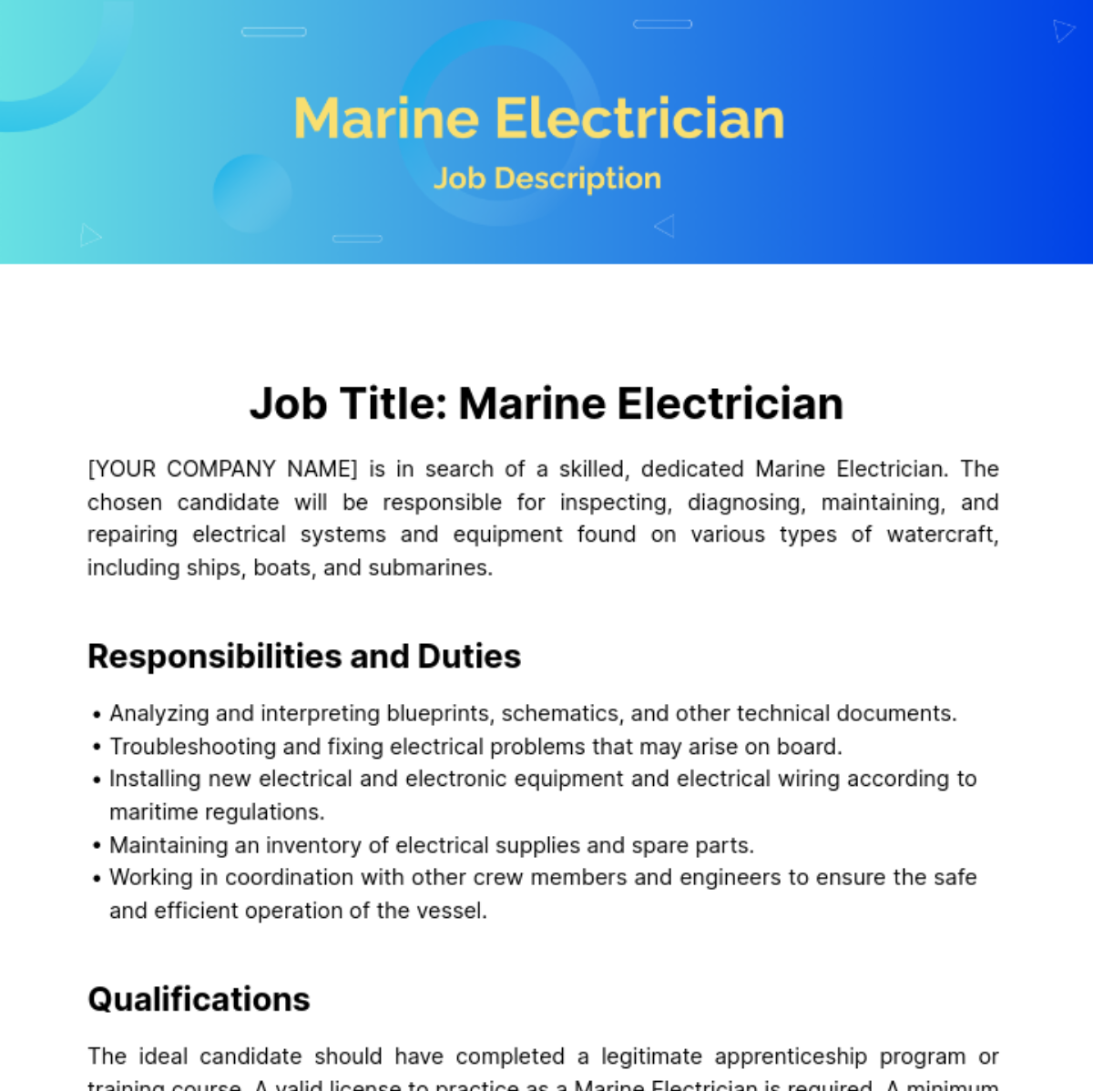 Marine Electrician Job Description Template
