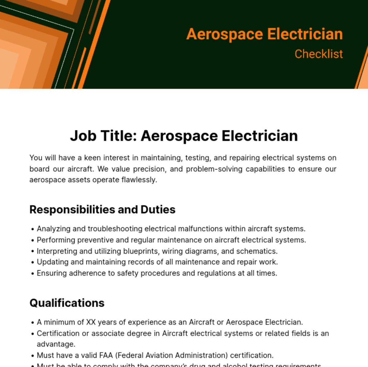 Aerospace Electrician Job Description Template