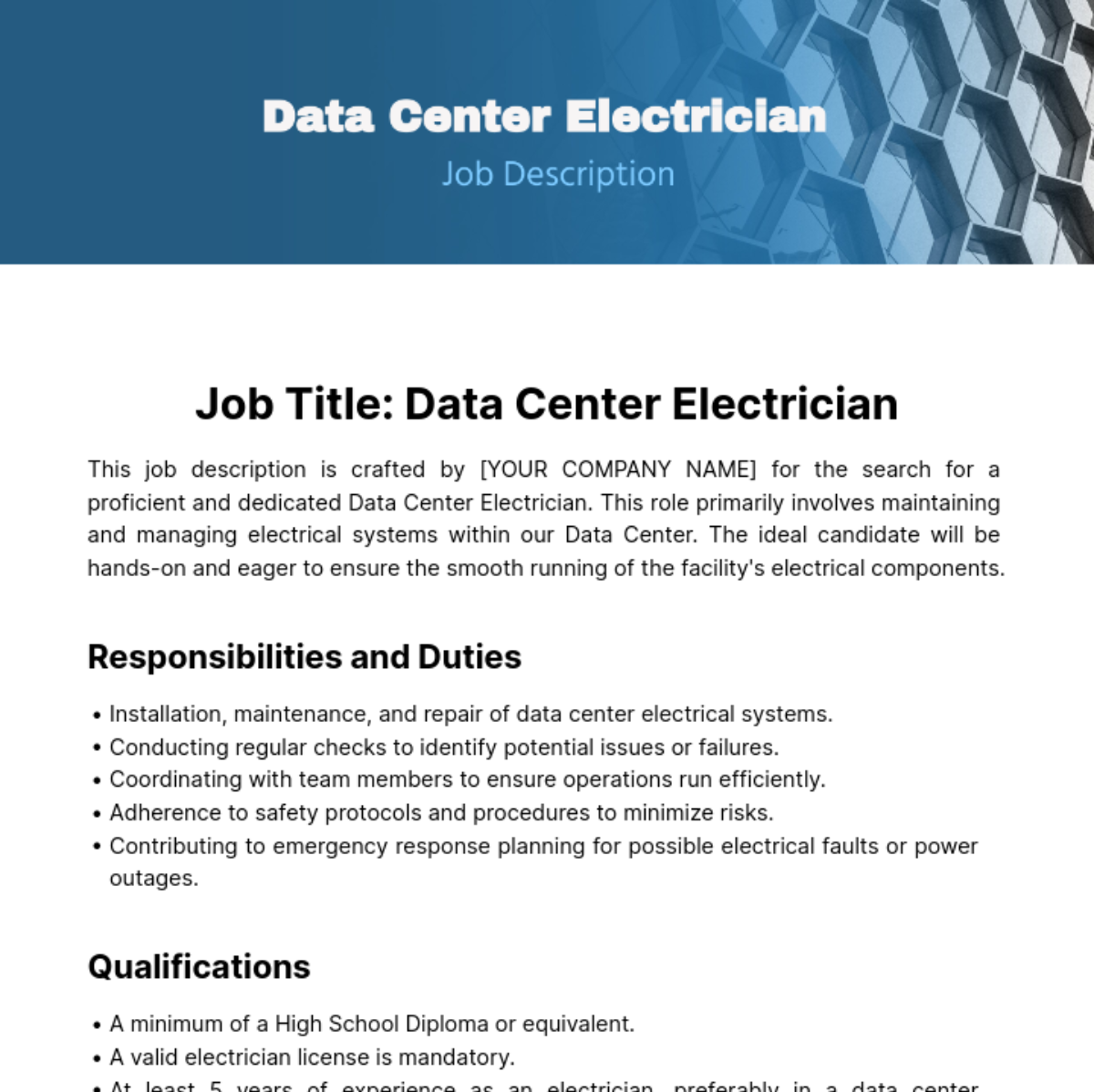 Data Center Electrician Job Description Template