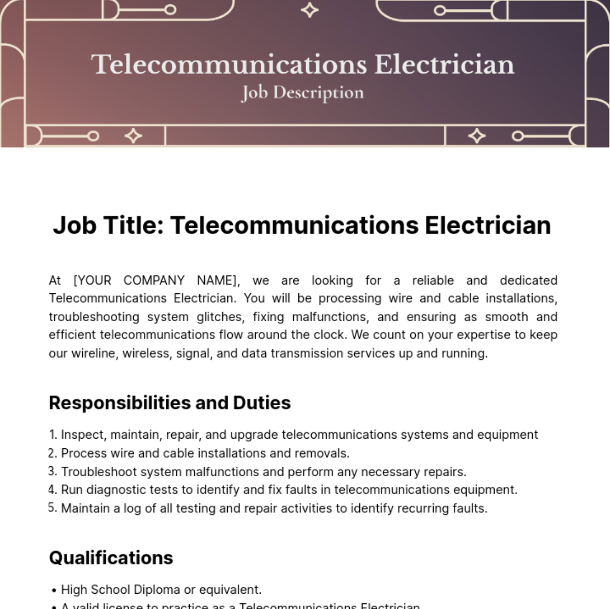 Telecommunications Electrician Job Description Template