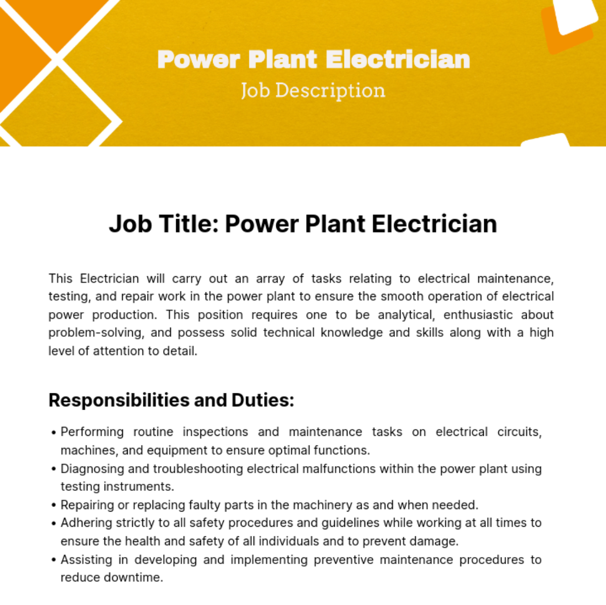 Power Plant Electrician Job Description Template