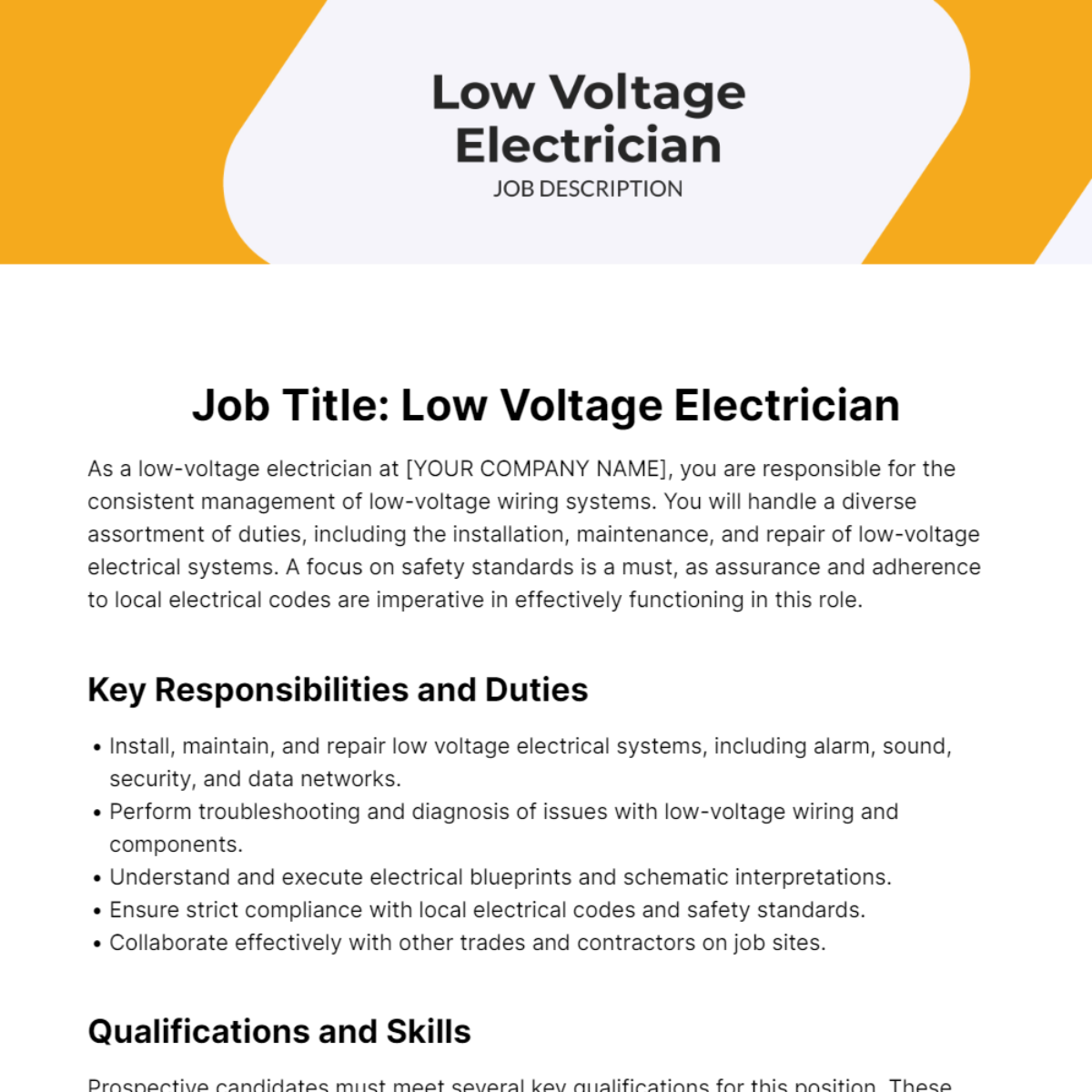 Low Voltage Electrician Job Description Template