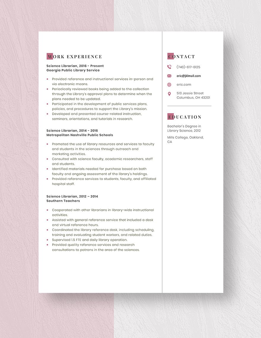 Science Librarian Resume