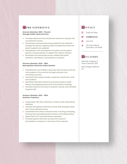 Science Librarian Resume Template