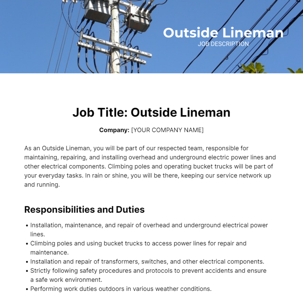 Outside Lineman Job Description Template
