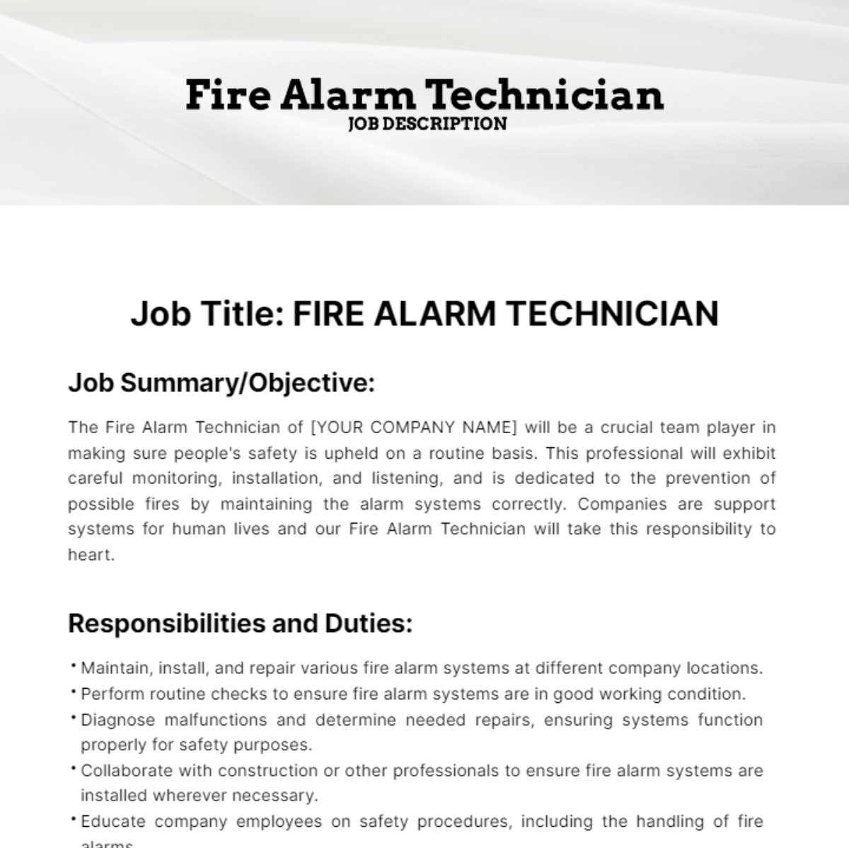 Fire Alarm Technician Job Description Template