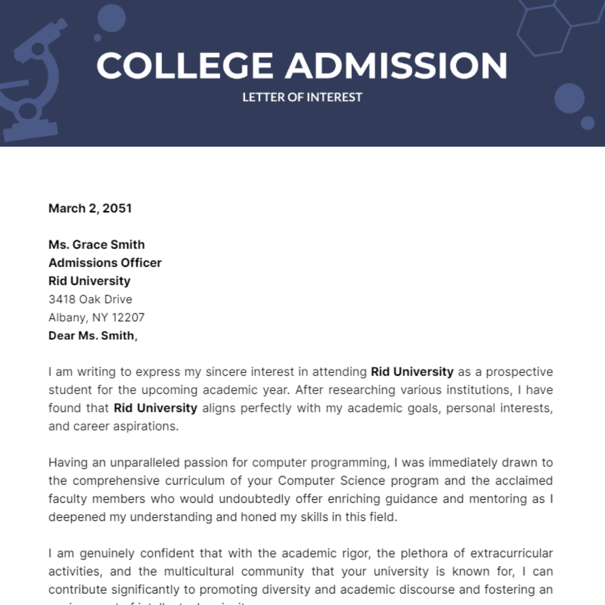 College Admission Letter of Interest Template