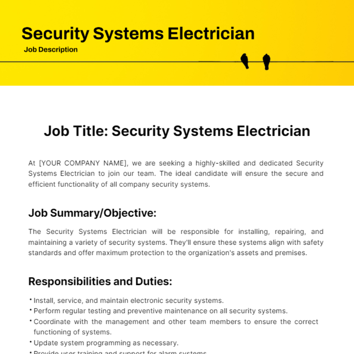 Security Systems Electrician Job Description Template