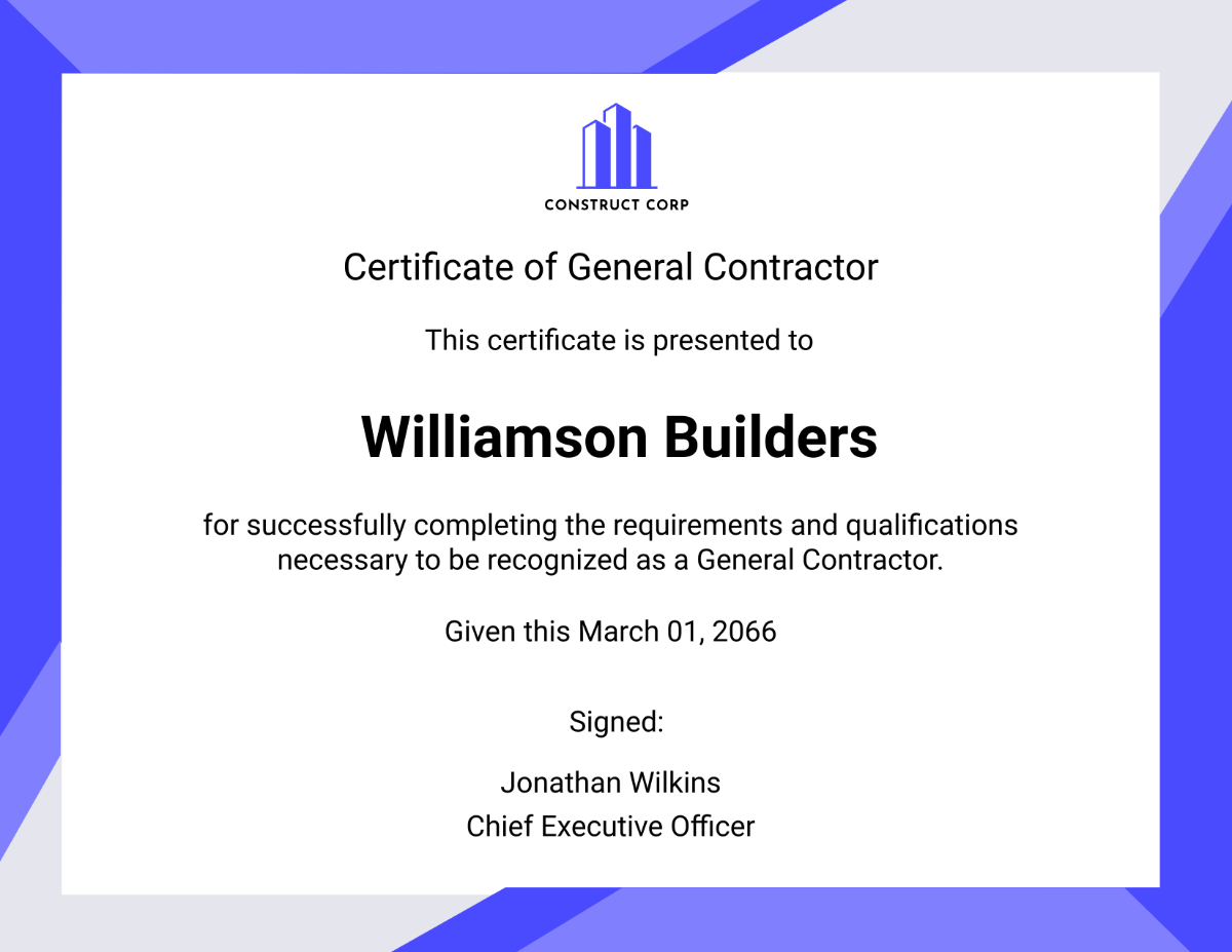 General Contractor Certificate Template