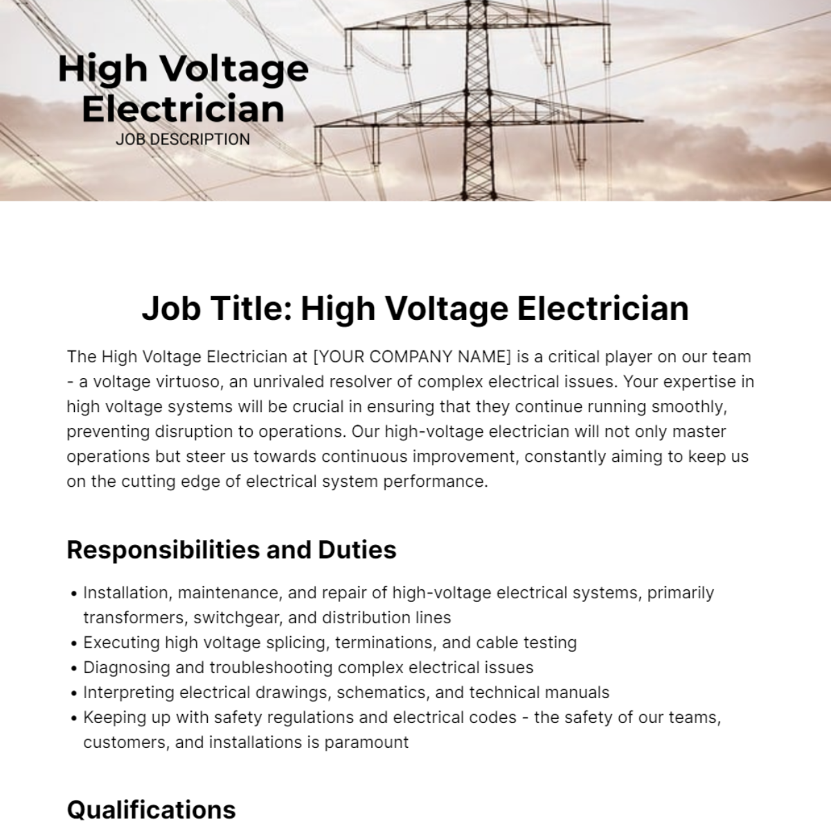 High Voltage Electrician Job Description Template