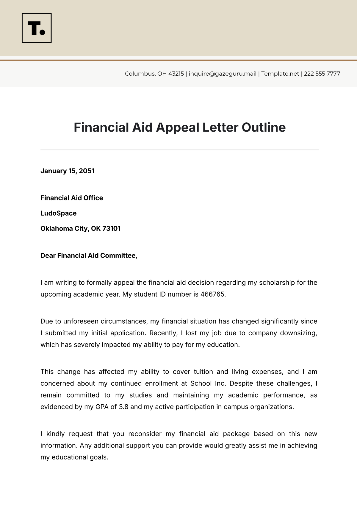 Financial Aid Appeal Letter Outline Template - Edit Online & Download