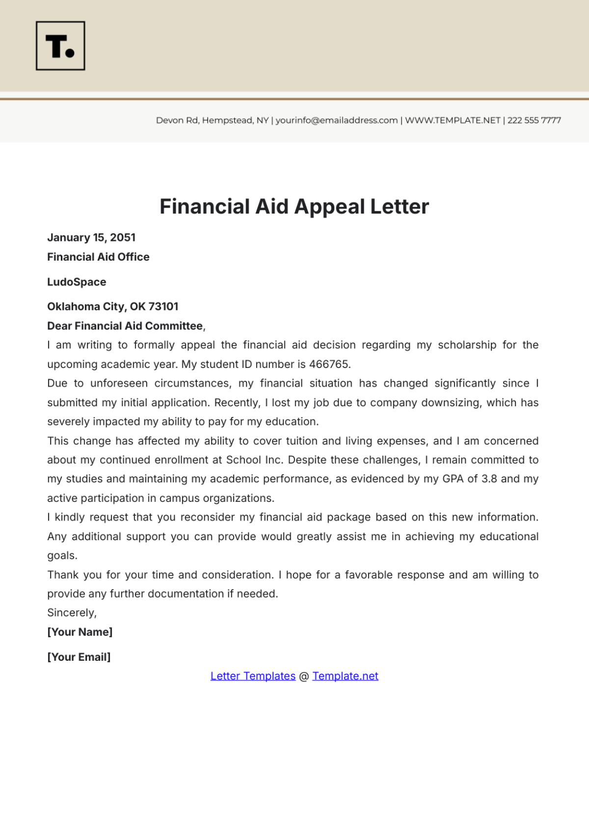 Financial Aid Appeal Letter Template - Edit Online & Download