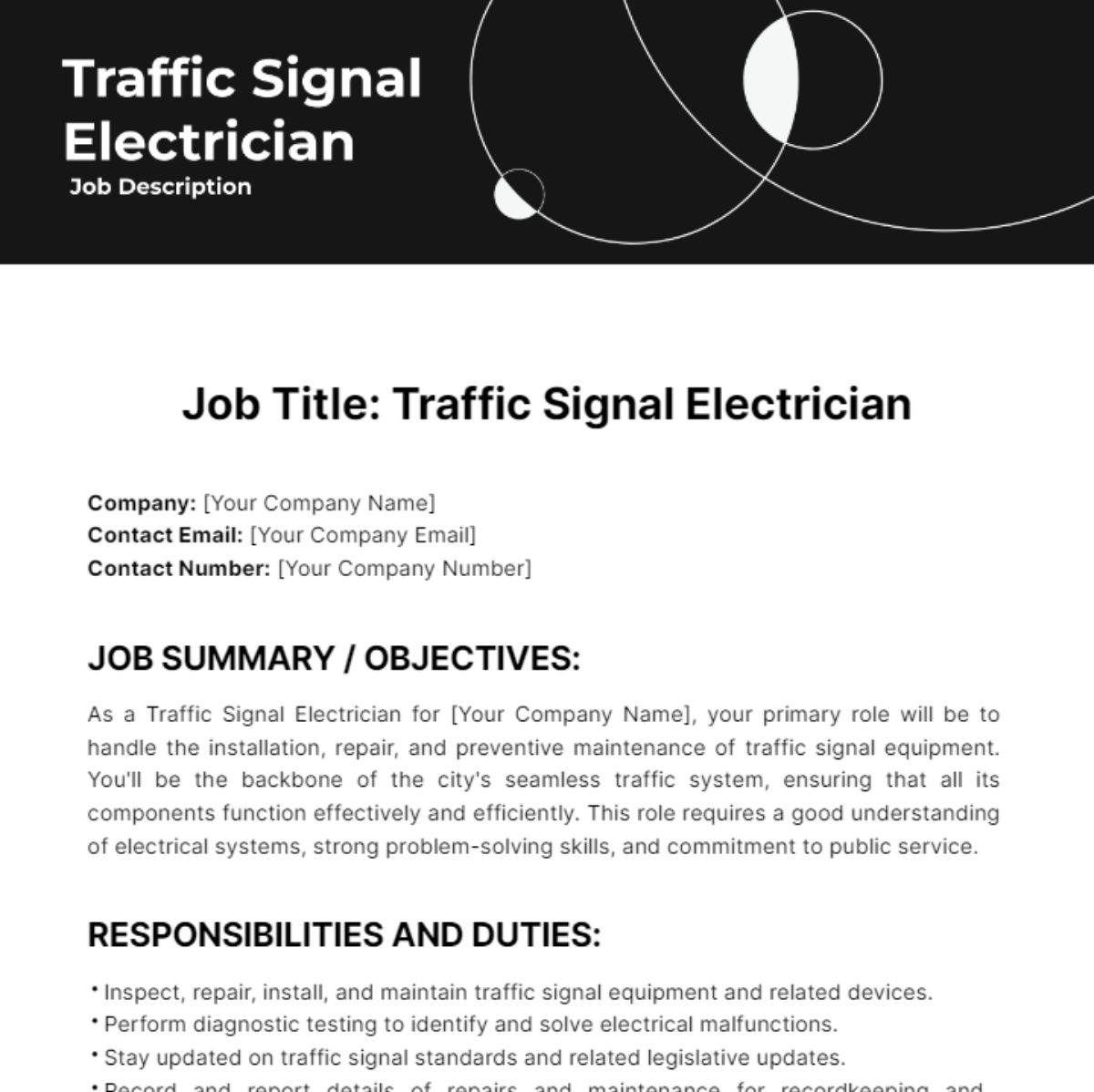 Traffic Signal Electrician Job Description Template
