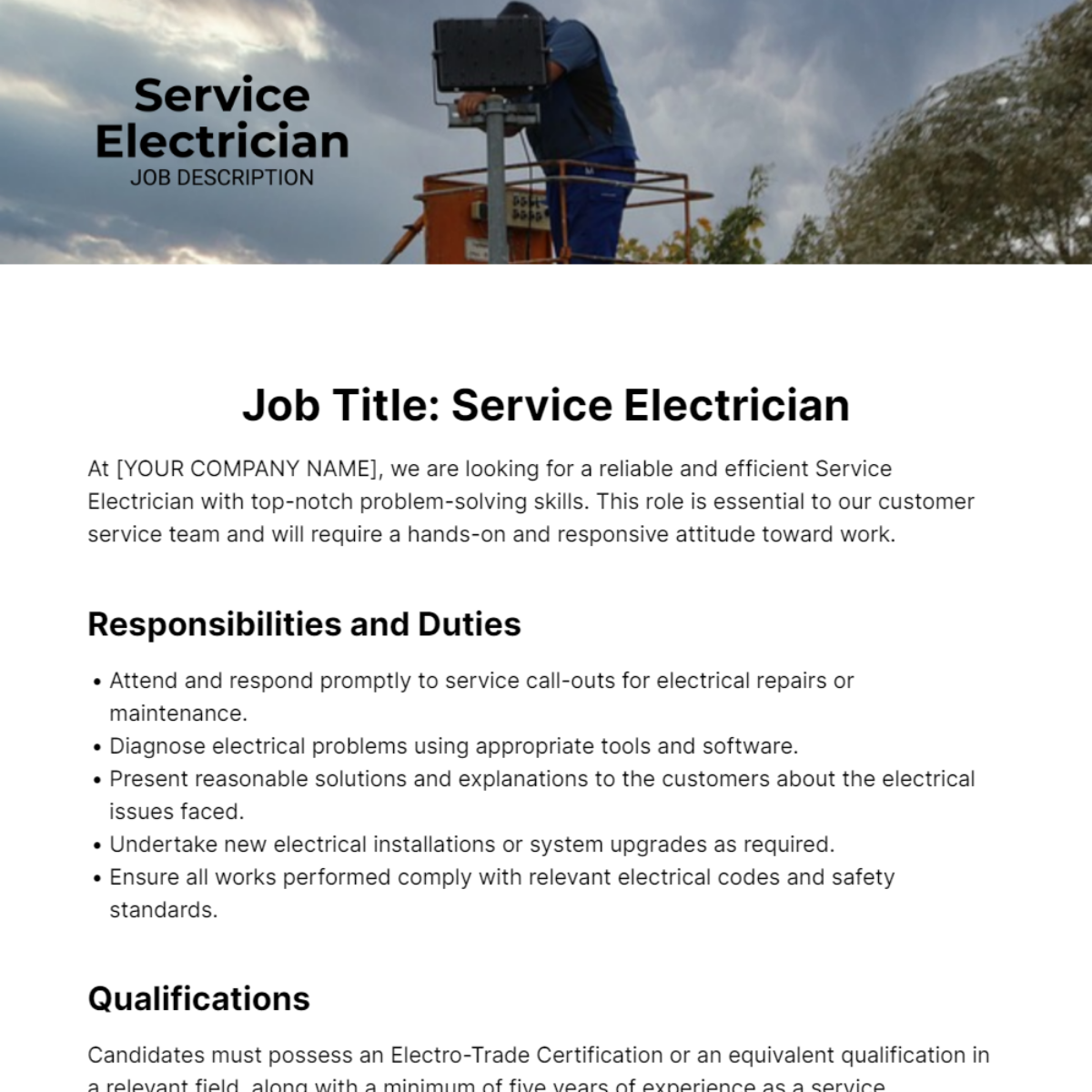 Service Electrician Job Description Template