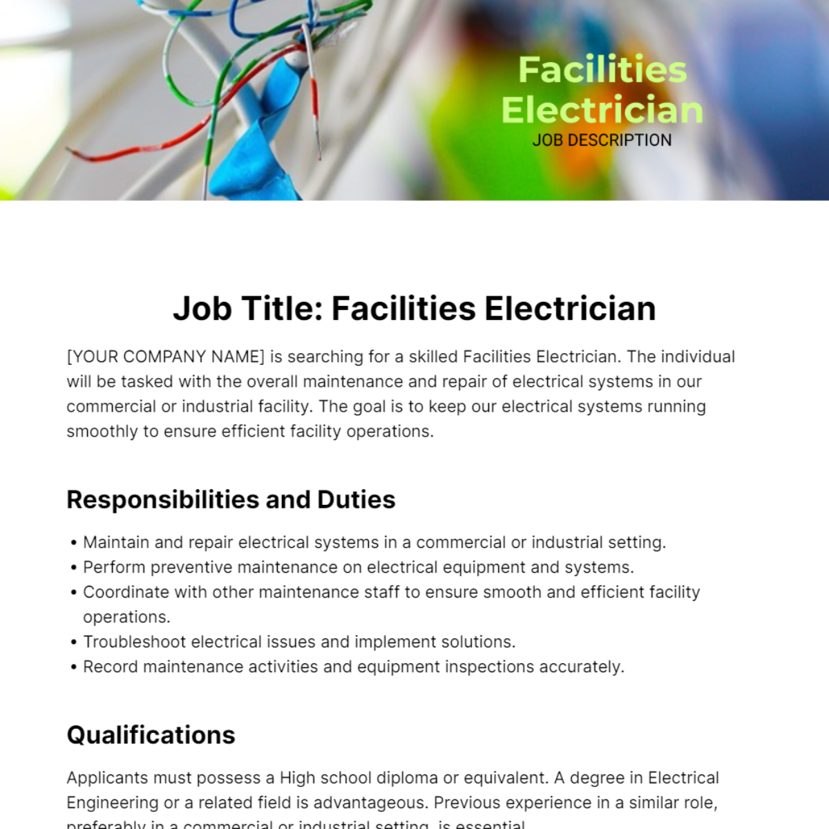 Facilities Electrician Job Description Template