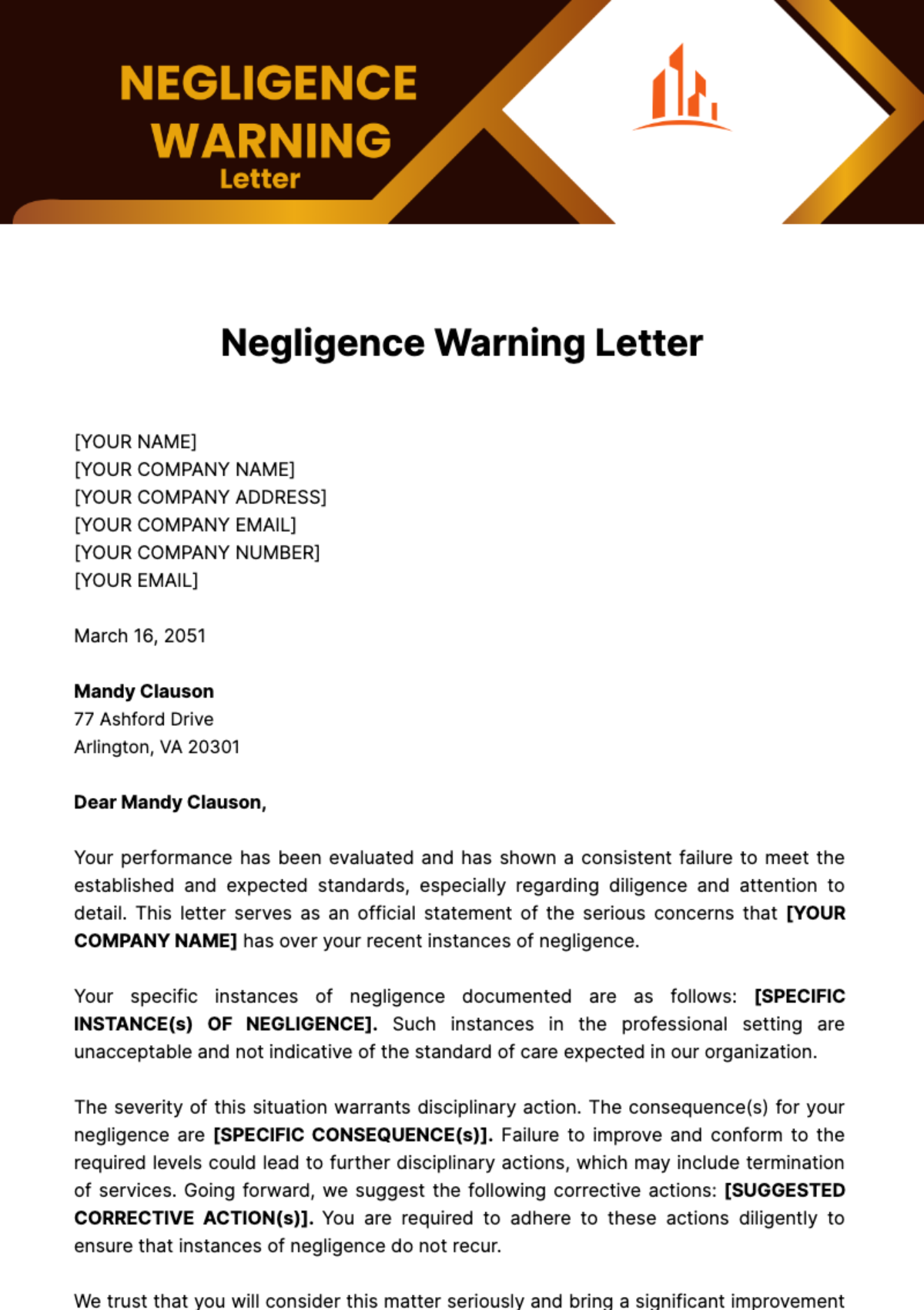 Negligence Warning Letter Template