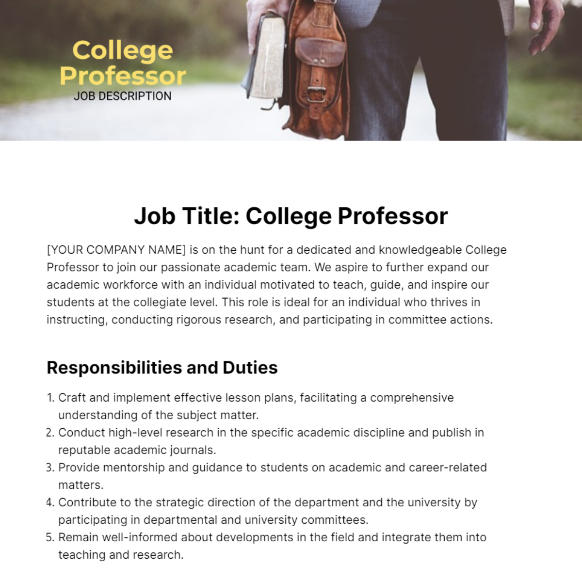 College Professor Job Description Template