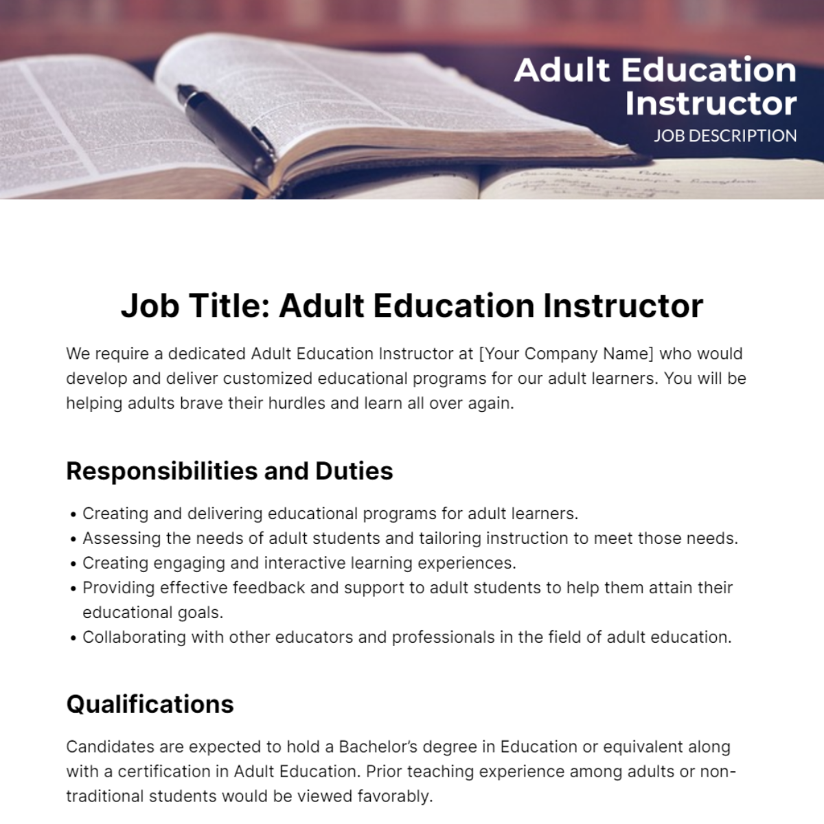 Adult Education Instructor Job Description Template