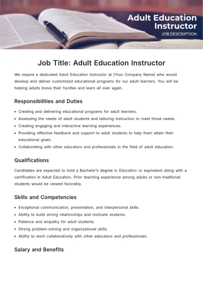 Free Adult Education Instructor Job Description Template to Edit Online
