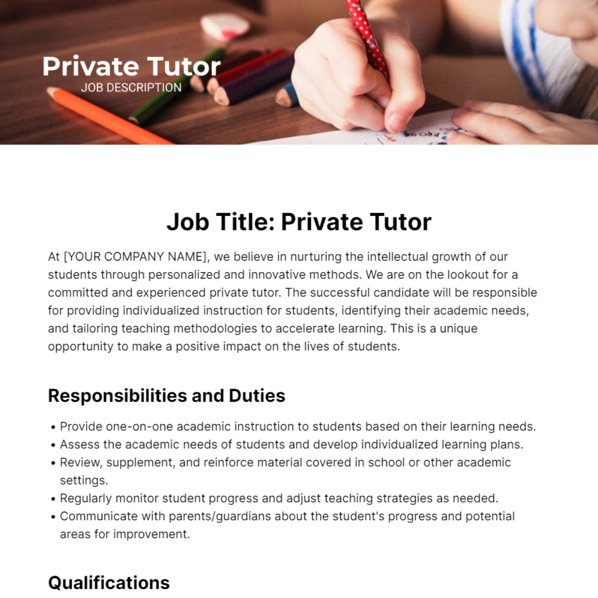 Private Tutor Job Description Template