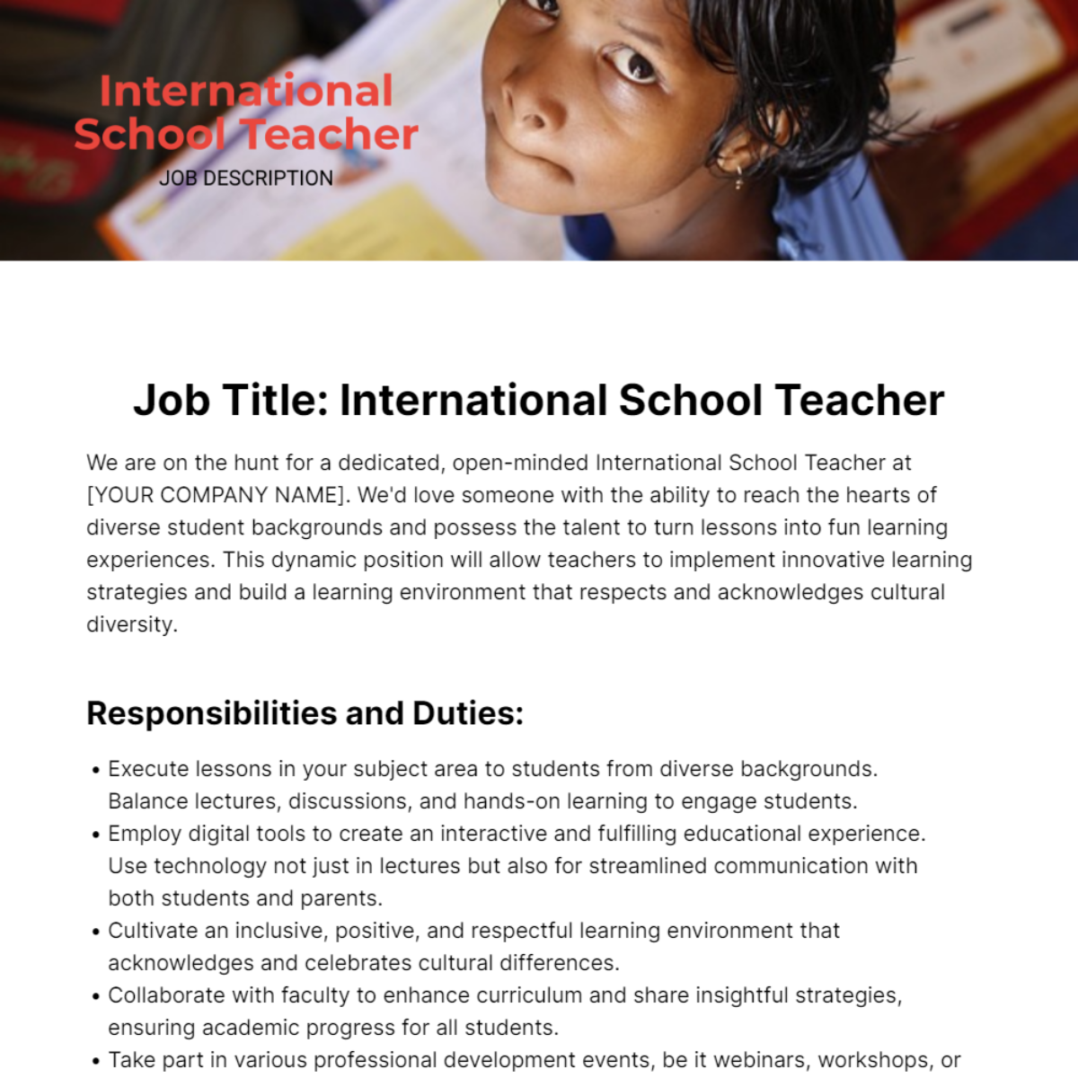 International School Teacher Job Description Template