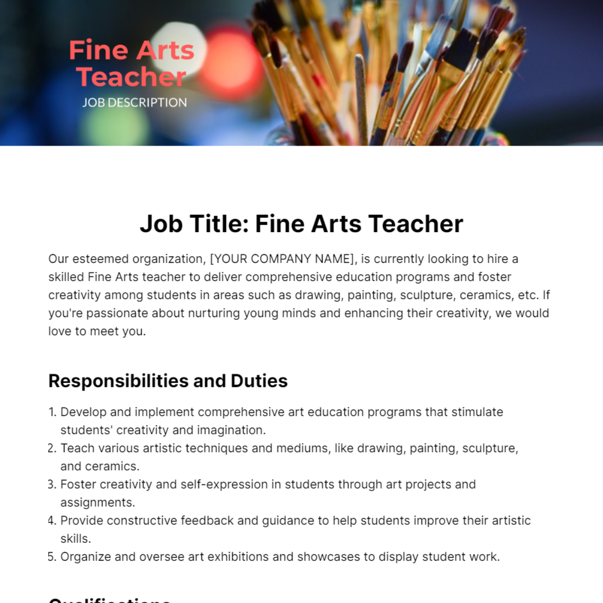 Free Fine Arts Teacher Job Description Template
