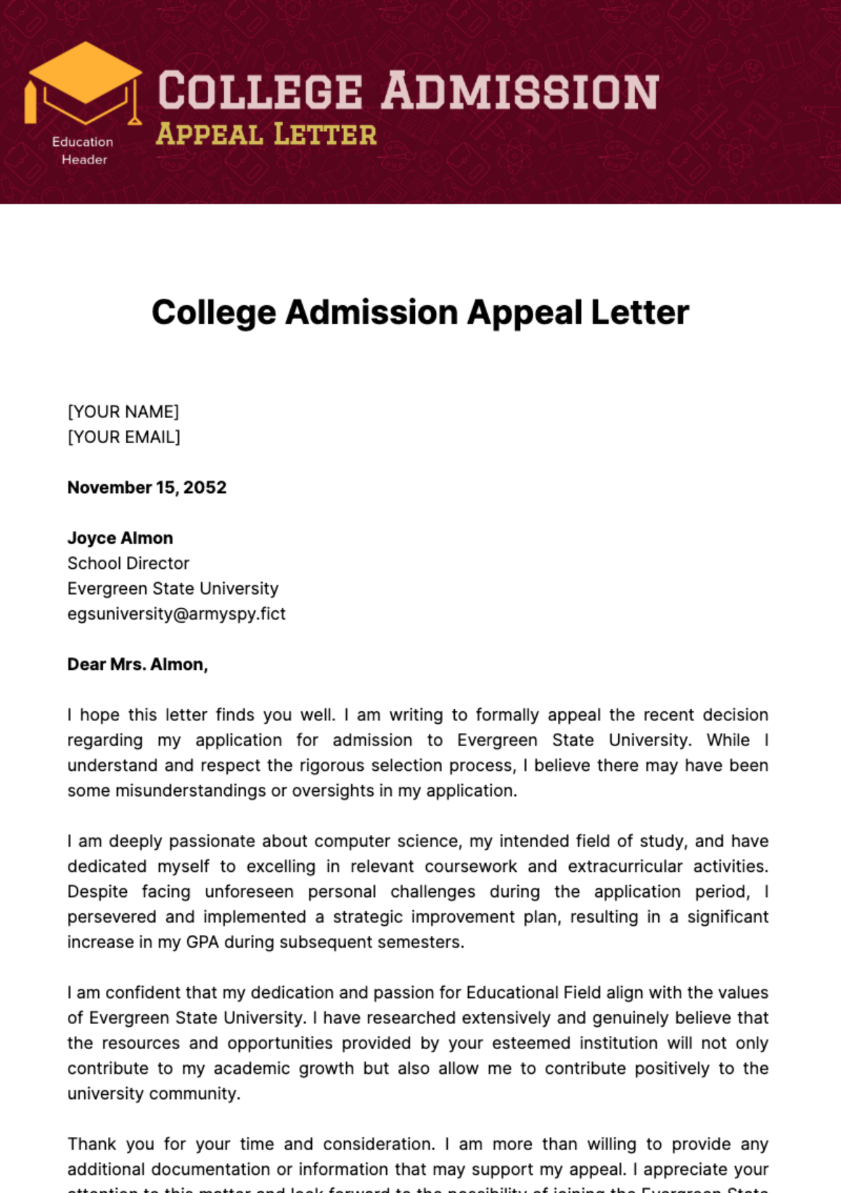College Admission Appeal Letter Template