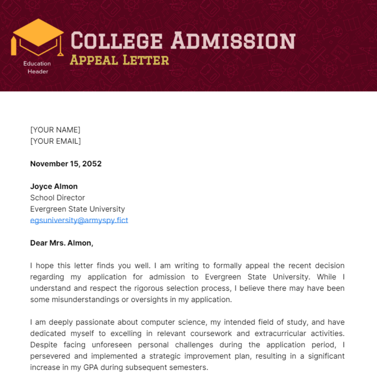 College Admission Appeal Letter Template
