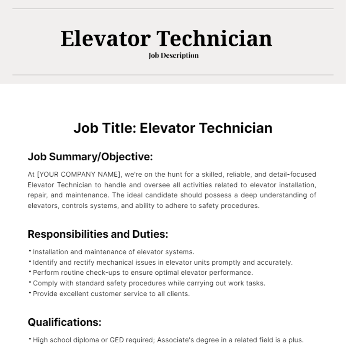 Free Elevator Technician Job Description Template