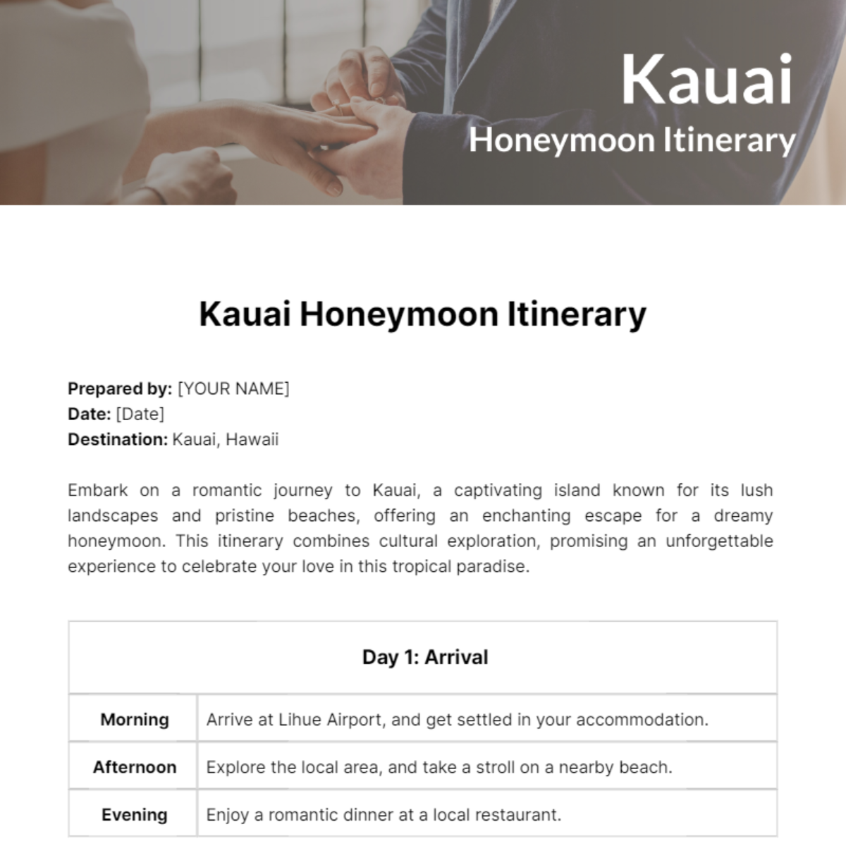 Kauai Honeymoon Itinerary Template - Edit Online & Download