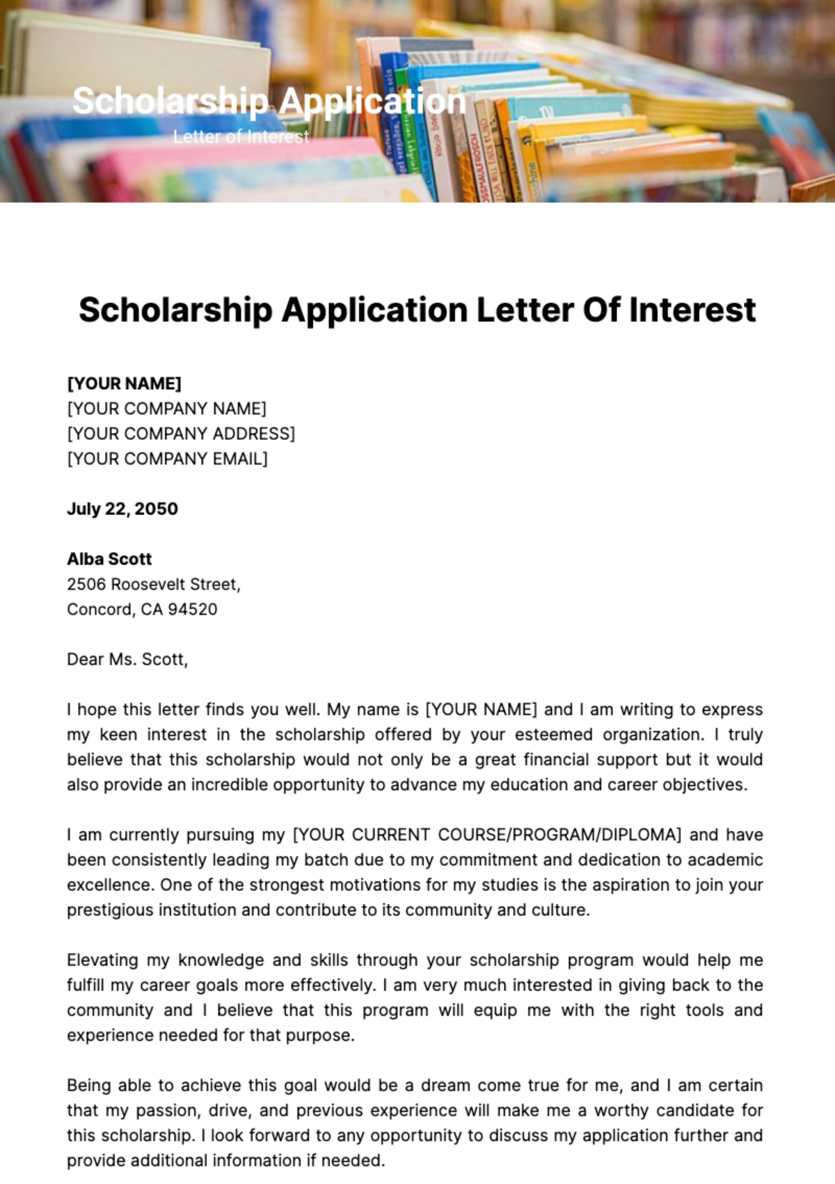 Scholarship Application Letter Of Interest Template