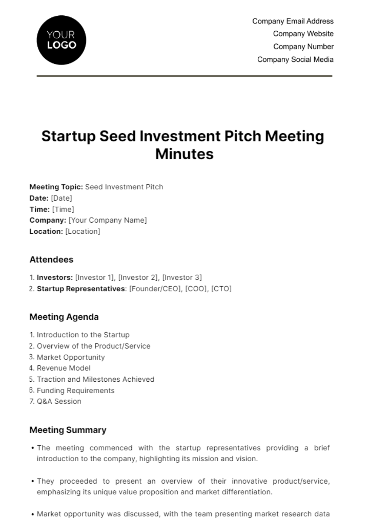 Free Startup Seed Investment Pitch Meeting Minute Template