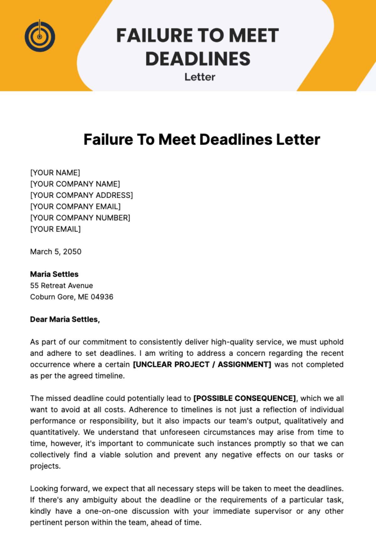 Failure To Meet Deadlines Letter Template