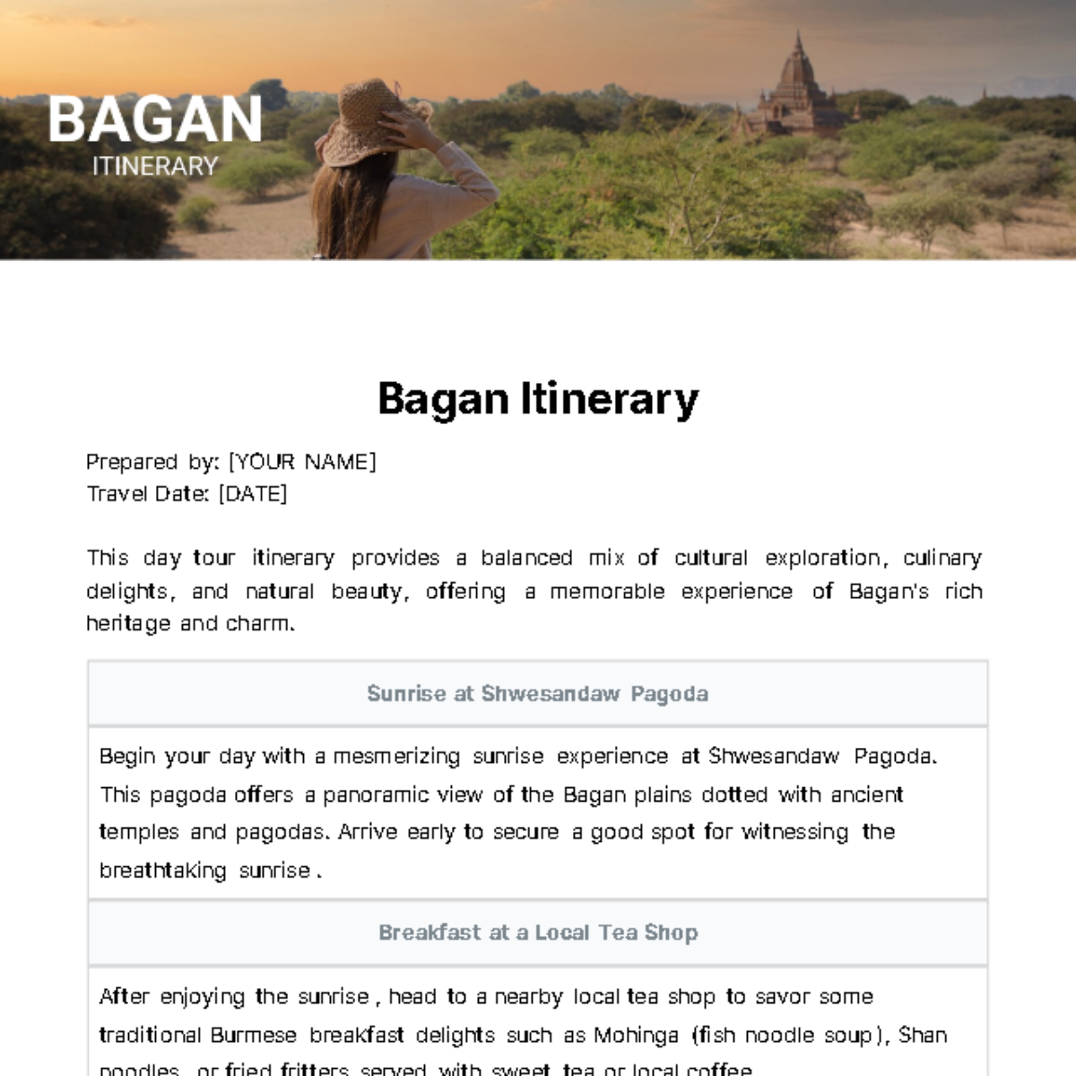 Bagan Itinerary Template - Edit Online & Download